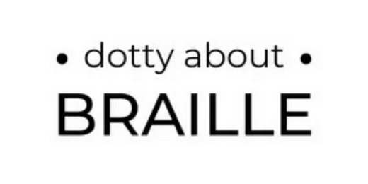 Logo showing a dotty about in lower case with a black dot either side of the words with braille in capital letters beneath